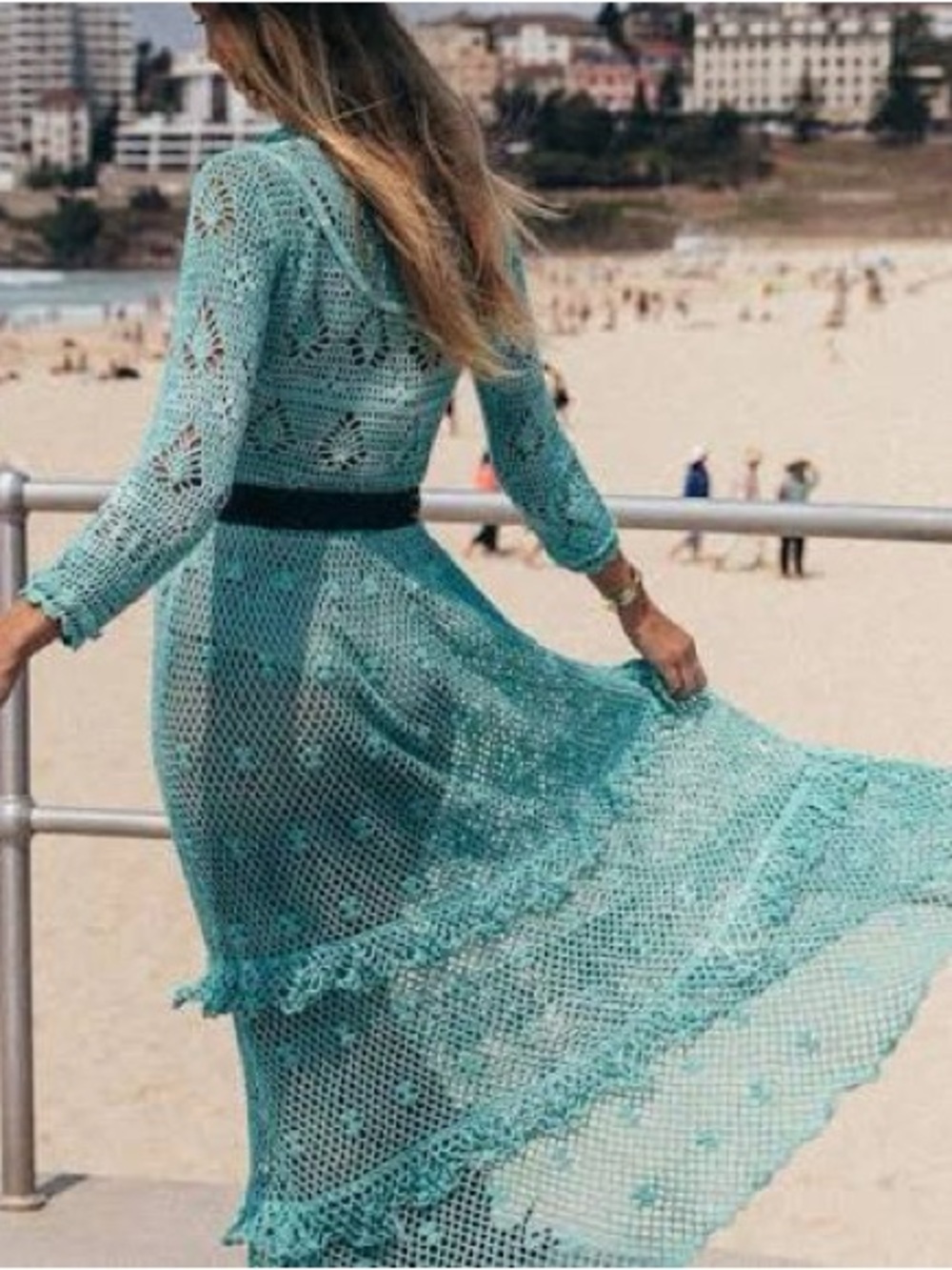 Chasing Unicorns Wish You Were Here Turquoise Crochet Maxi Dress